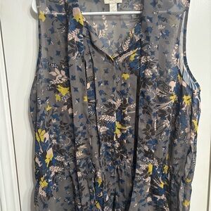 LOFT Gray Floral Sleeveless Tie-Neck Camisole with Blue and Yellow Accents